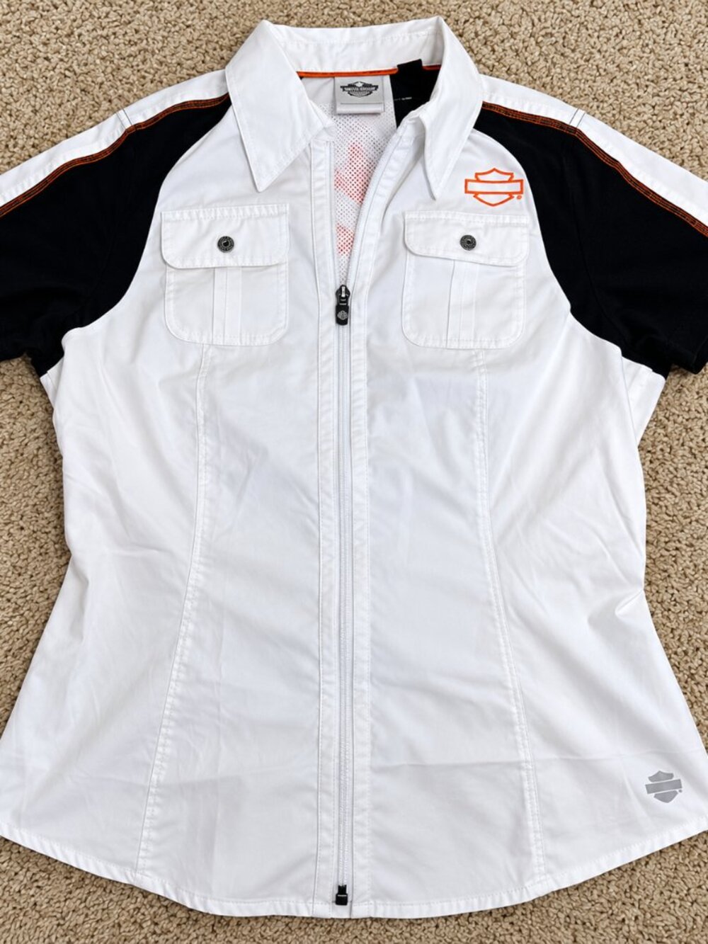 Harley Davidson Womens Performance Short Sleeve Zip Front Biker Shirt Large Whit